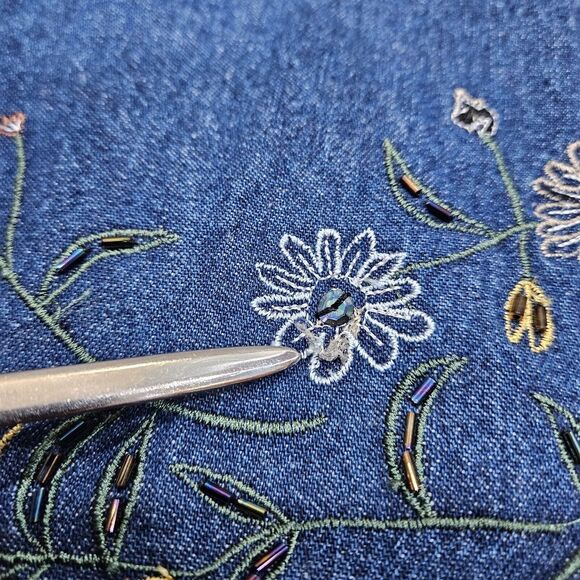 MPH Collection 90's Denim Jumper Dress Women XL Jean Floral Embroidery Beaded - Picture 2 of 12